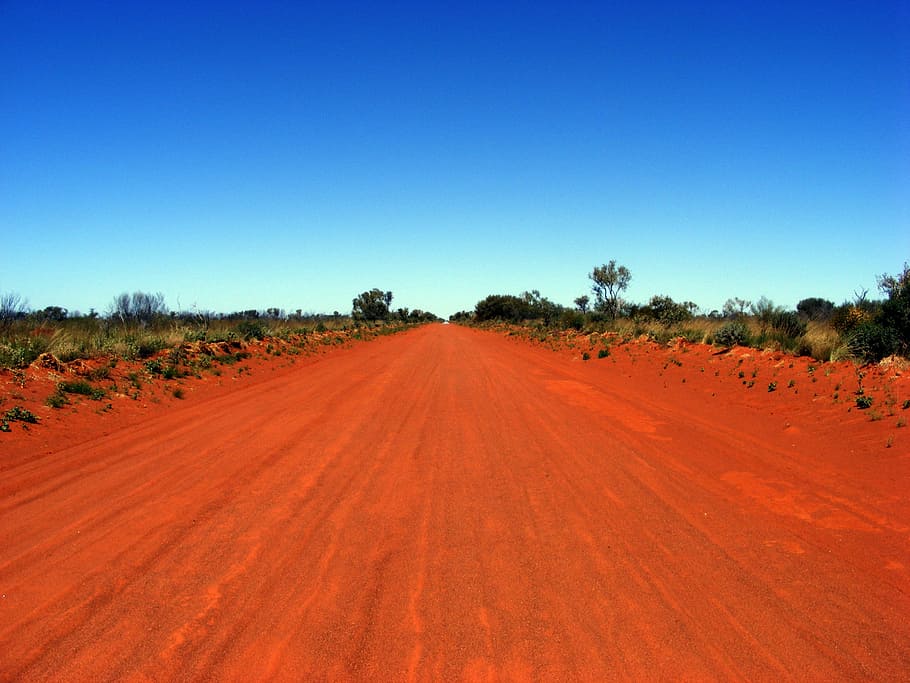 red, centre, road, nature, desert, landscape, sky, rural Scene HD wallpaper