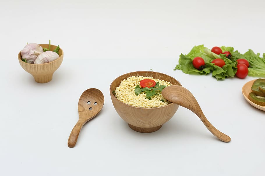 brown wooden bowl filled with noodle, wood products, cooking HD wallpaper