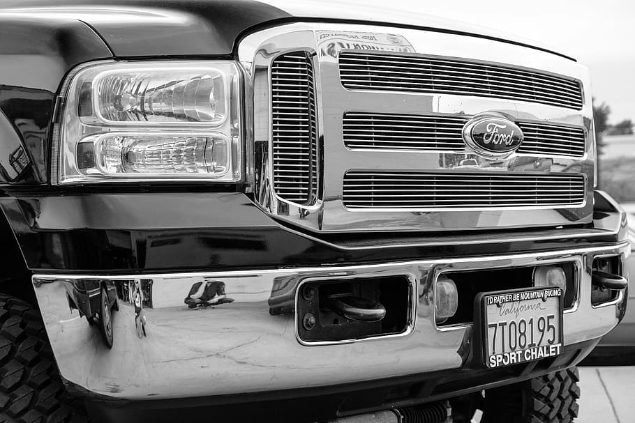 ford, truck, grill, black and white photography, transportation, HD wallpaper
