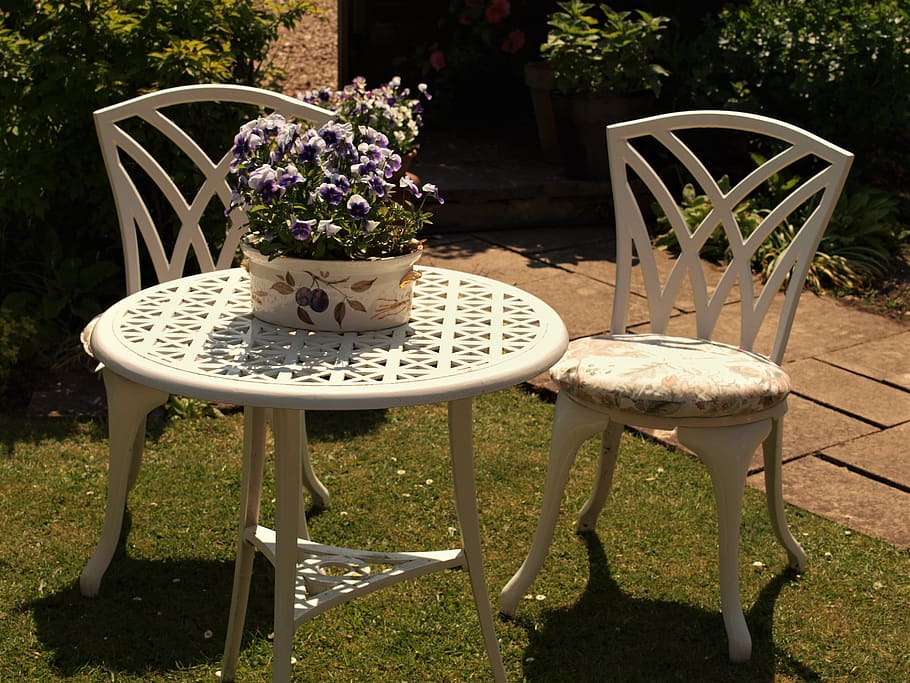 table, chairs, garden, display, seat, plant, flower, nature HD wallpaper