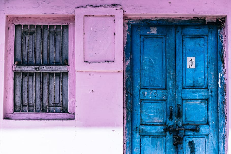 wood, blue, wall, metal, aged, bright, closed, daylight, door HD wallpaper