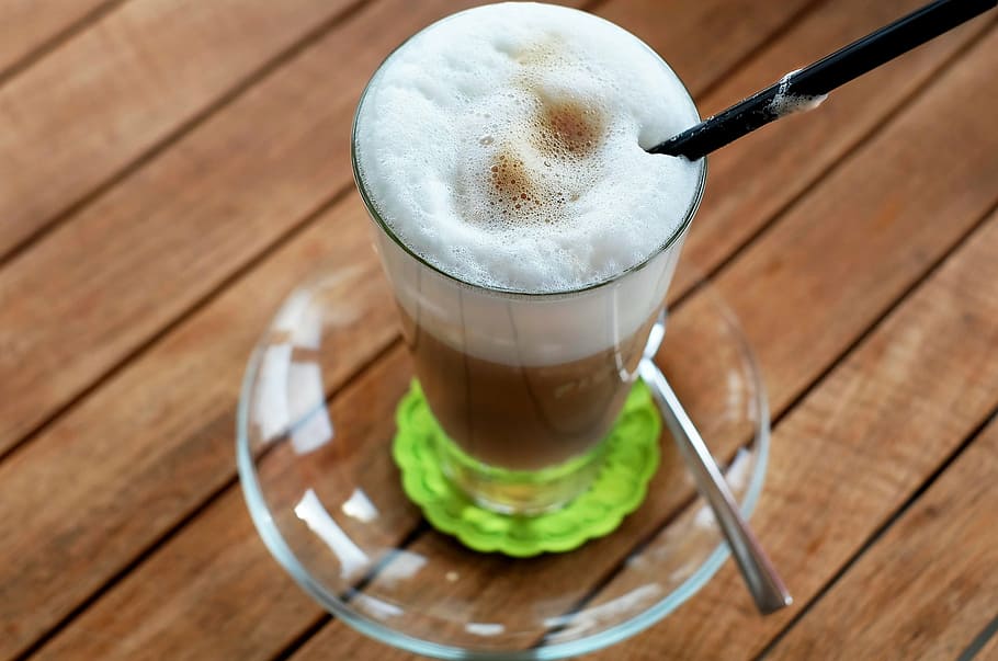 coffee in drinking glass, batten, macchiato, milk, table, cafe HD wallpaper