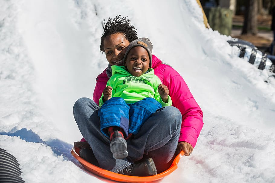 snow, sled, fun, winter, cold temperature, child, childhood HD wallpaper