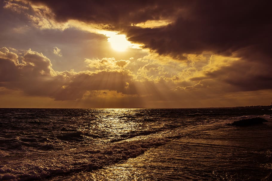 sunset, sunshine, sunbeam, light, sky, clouds, sea, afternoon HD wallpaper