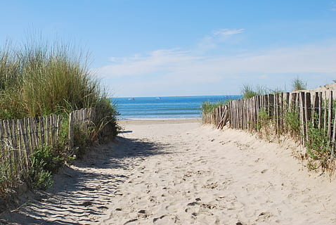 pathway in between fences, beach, beach path, sea, montpellier HD wallpaper