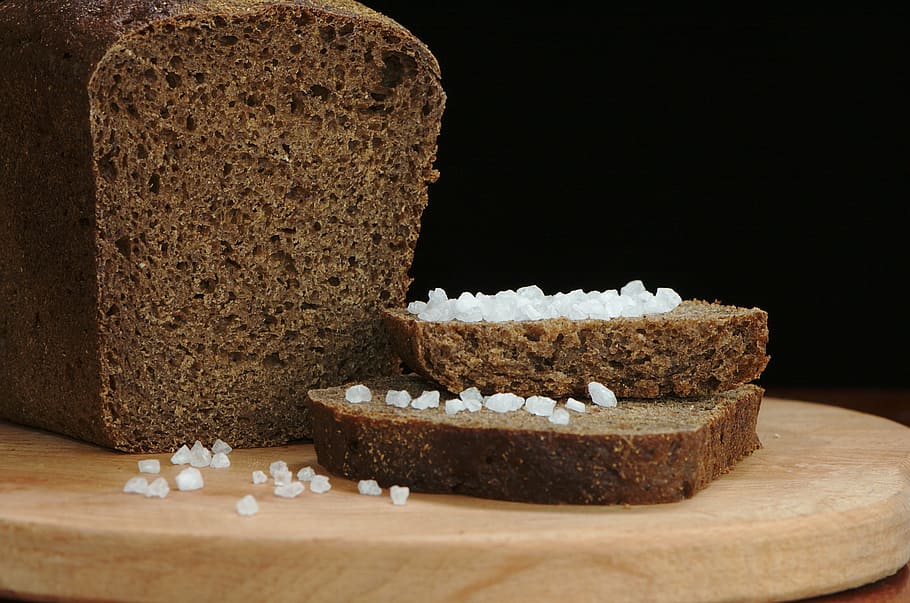 salt, bread, rye, black, loaf, slice, food, nutrition, home HD wallpaper