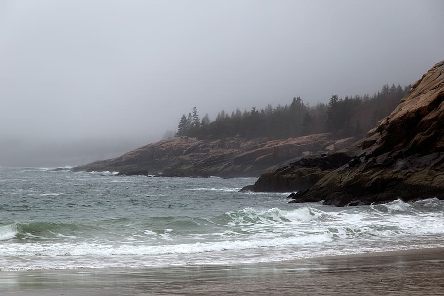 beach, coast, foggy, nature, ocean, rocks, sand, sea, seascape, HD wallpaper
