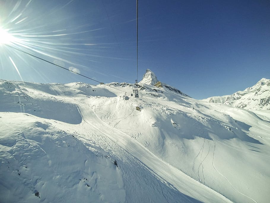 photo of snow covered mountain, piste, skiing, sky, winter HD wallpaper