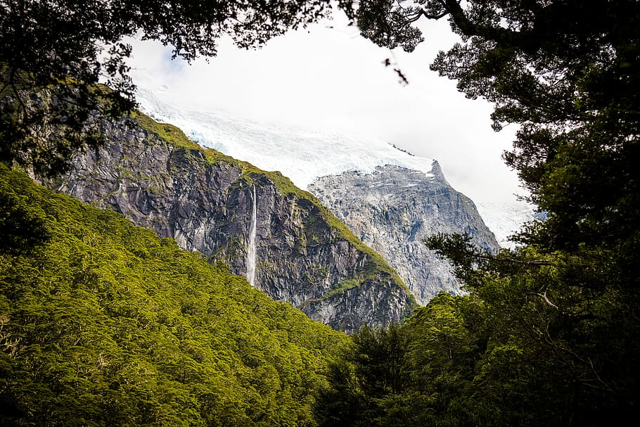 bottom view of mountains, scenery of green grees beside waterfall HD wallpaper
