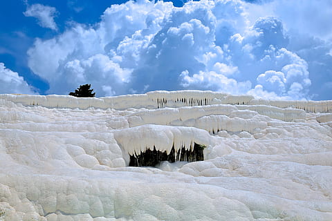 cave coated by snow, glacier mountain under white and blue sky HD wallpaper