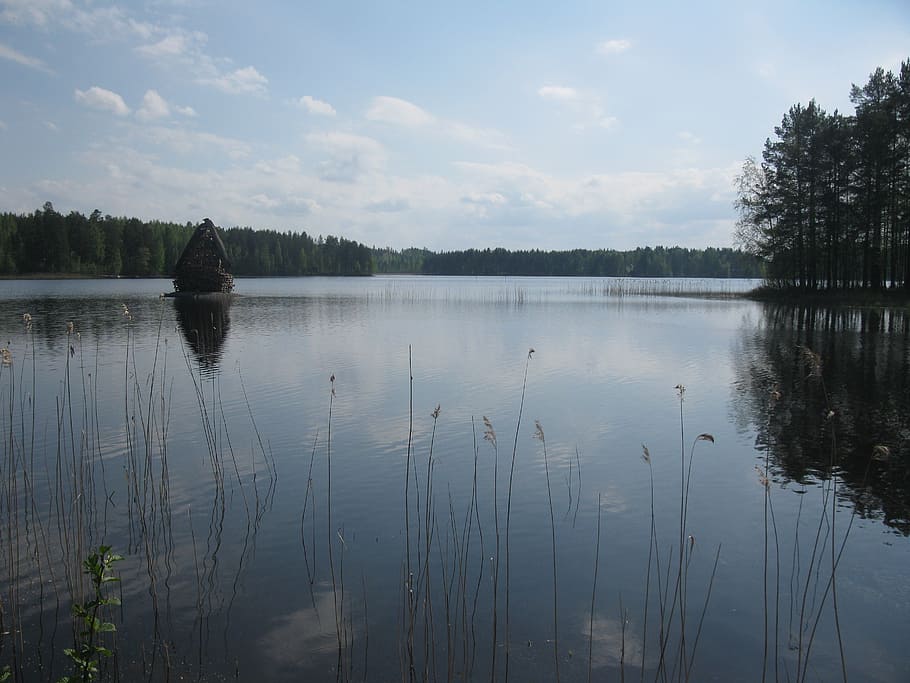 lake, water, panorama, reflection, plant, tranquility, sky HD wallpaper