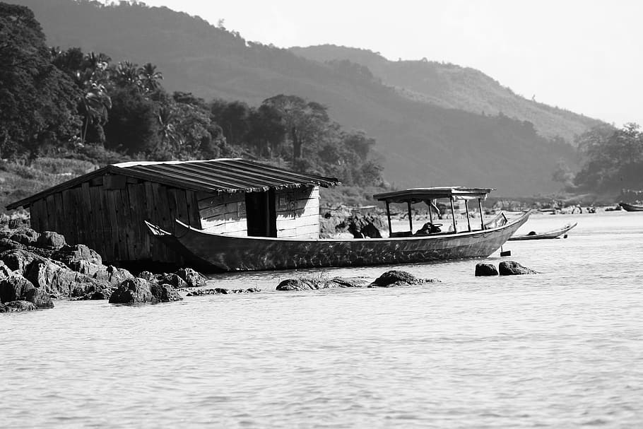 greyscale photography of boat on water near house, river, hut HD wallpaper