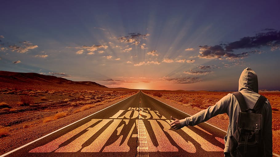 Lose Heart printed on road illustration, away, hitch-hike, hitcher, HD wallpaper