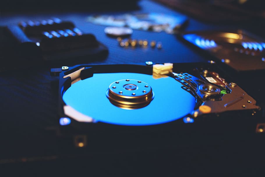 Closeup of a computer hard disc drive, technology, data, hard Drive
