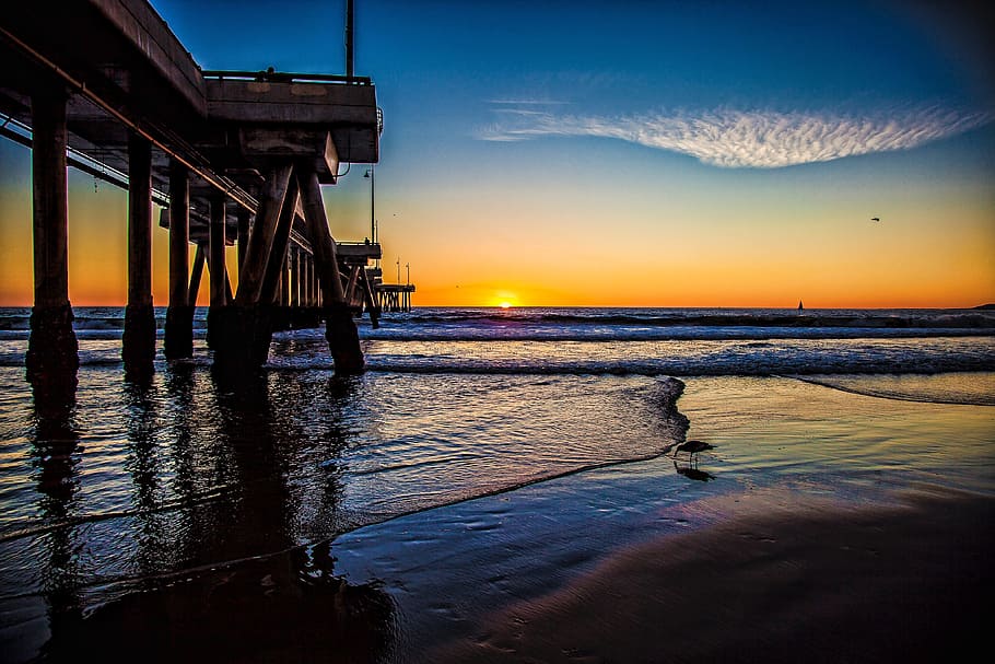 clouds, sky, sunset, ocean, sea, beach, bridge, water, reflection HD wallpaper