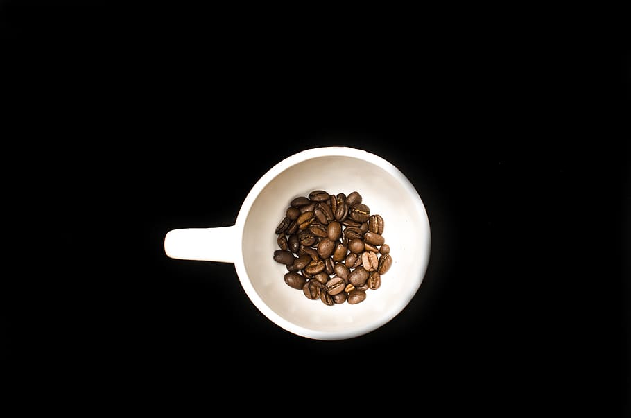 beans, cup, dark, brown, black, close-up, coffee beans, coffee cup HD wallpaper