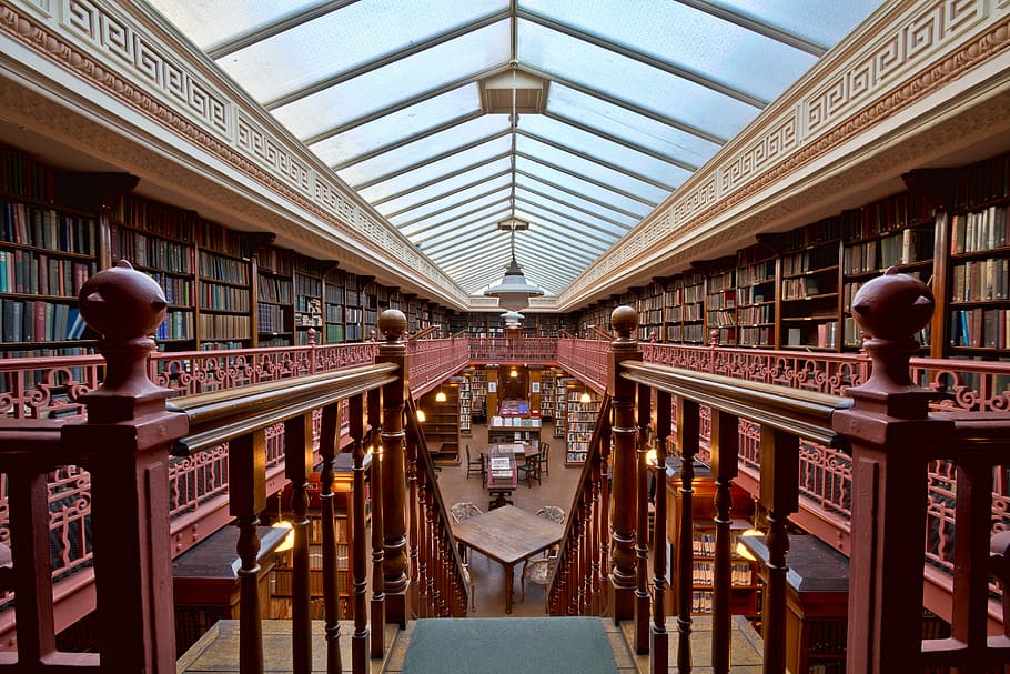 library interior, architecture, building, infrastructure, tables HD wallpaper