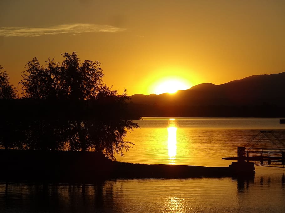 sunset, silhouette, sky, nature, summer, relax, water, beauty in nature HD wallpaper