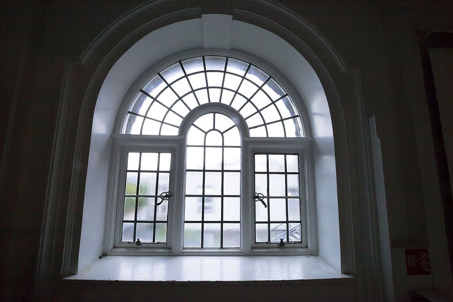 white framed clear glass window, old, antique, round arch, half circle HD wallpaper