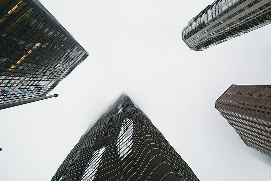 low angle photography of high rise buildings, low-angle photo of four high-rise buildings HD wallpaper