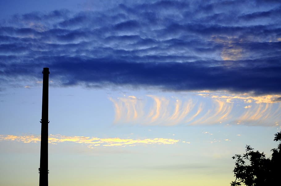 blue sky, clouds, chimney, evening, scenery, cloud - sky, sunset HD wallpaper