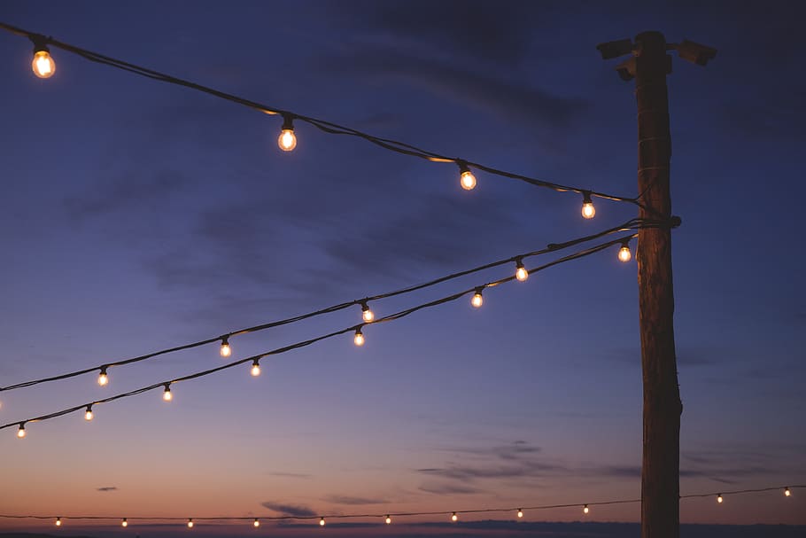 turned on light string lights, still, lanterns, posts, sky HD wallpaper