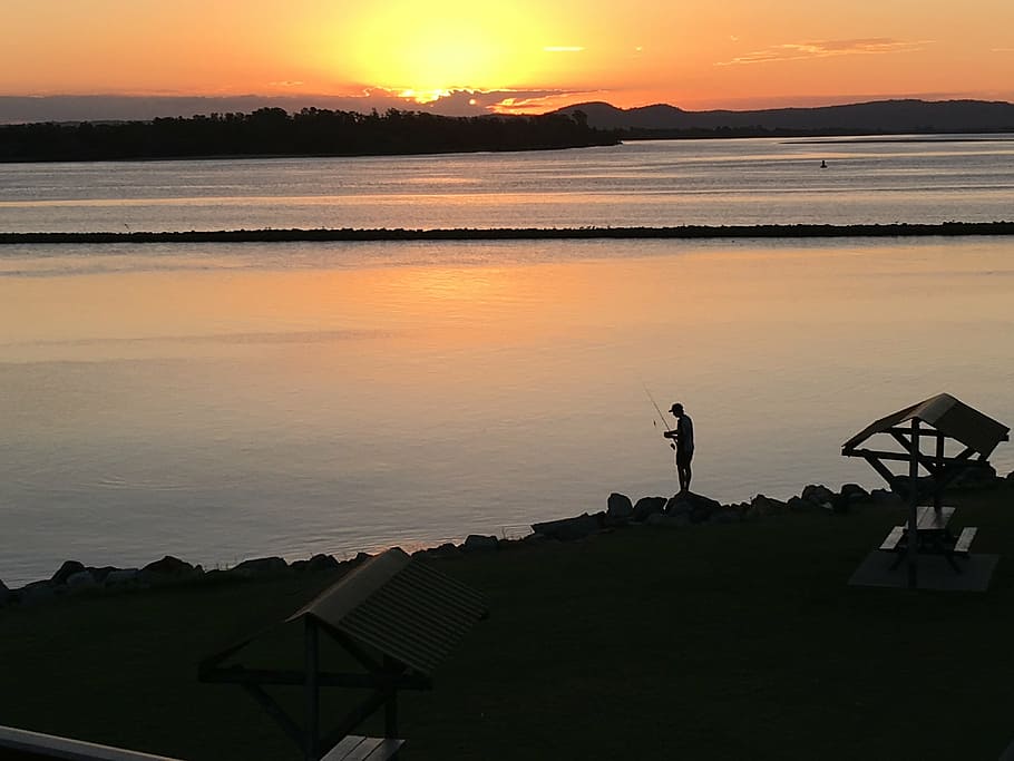 sunset, fishing, river, water, sky, beauty in nature, scenics - nature HD wallpaper