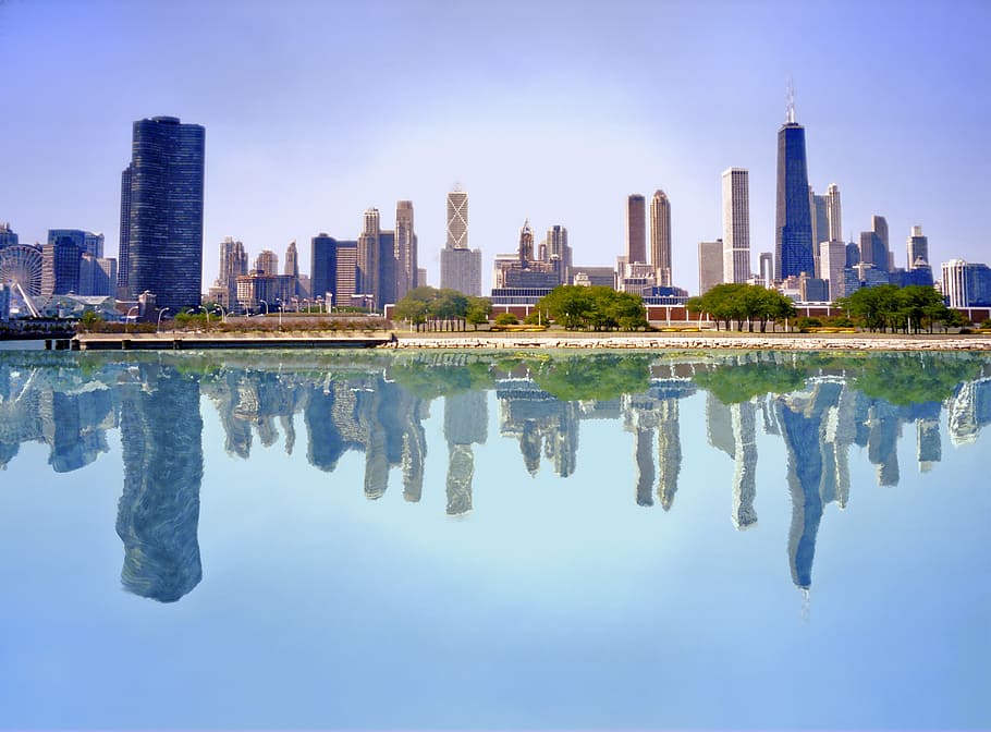 skyscraper, reflection, architecture, city, urban, buildings HD wallpaper