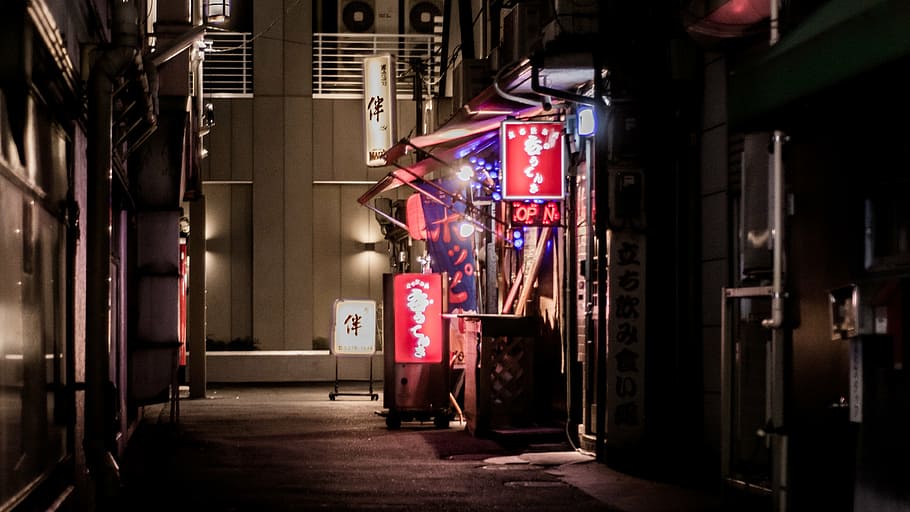 red and white light signage outside store at nightttime, building HD wallpaper