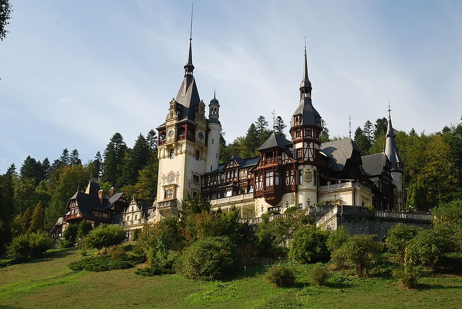 white and black castle surrounded by trees, romania, sunset HD wallpaper