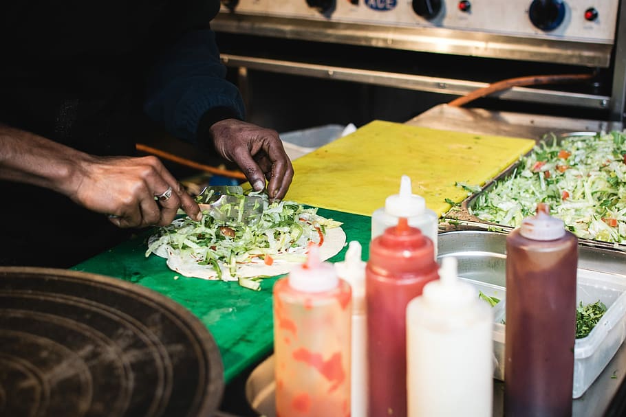 Preparing street food wraps, hands, process, human Hand, people HD wallpaper