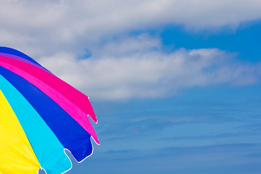 beach, umbrella, sky, clouds, colorful, multi colored, blue HD wallpaper