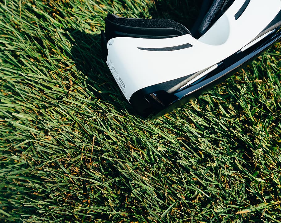 white and black VR Box headset on green grass field, VR, futuristic, HD wallpaper