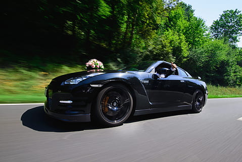 black coupe surrounded trees, wedding, car, modern, power, speed HD wallpaper