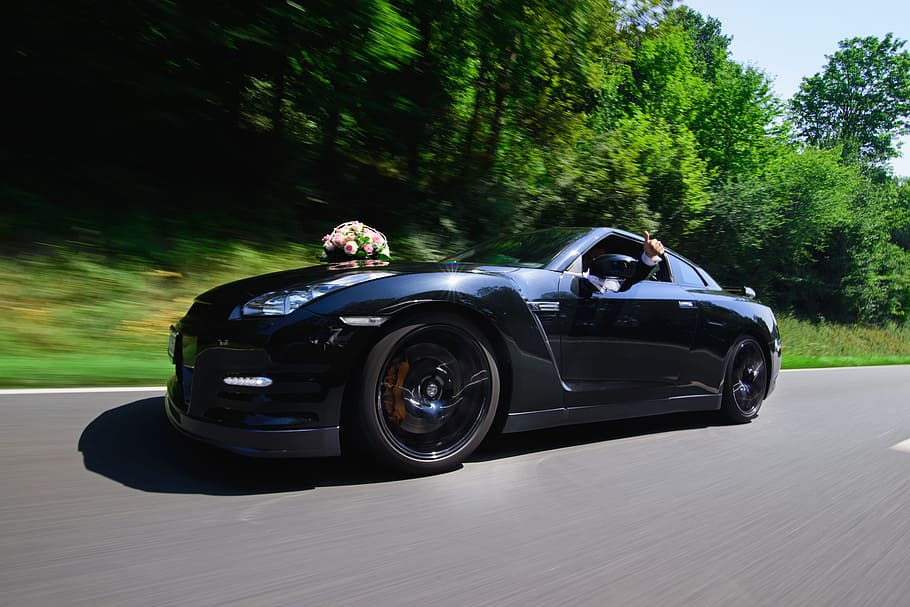 black coupe surrounded trees, wedding, car, modern, power, speed HD wallpaper