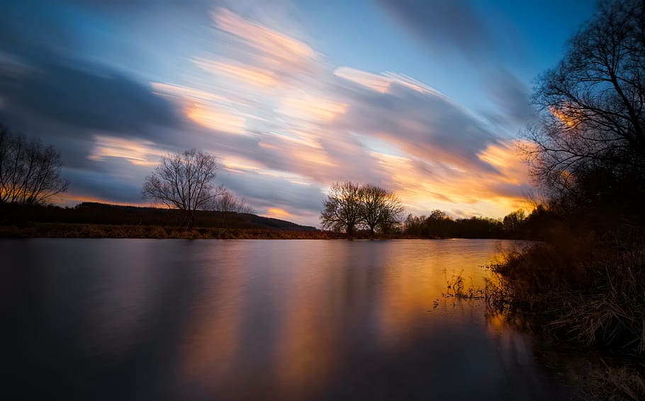 lake scenery during sunset, long exposure, river, water, landscape HD wallpaper