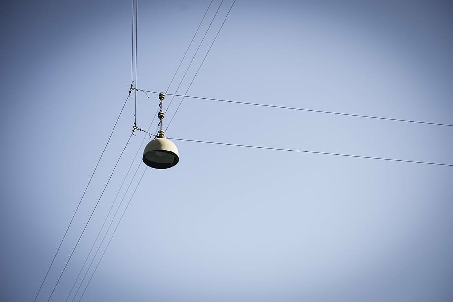 lamp, cable, air, city, light, street, day, sky, low angle view HD wallpaper