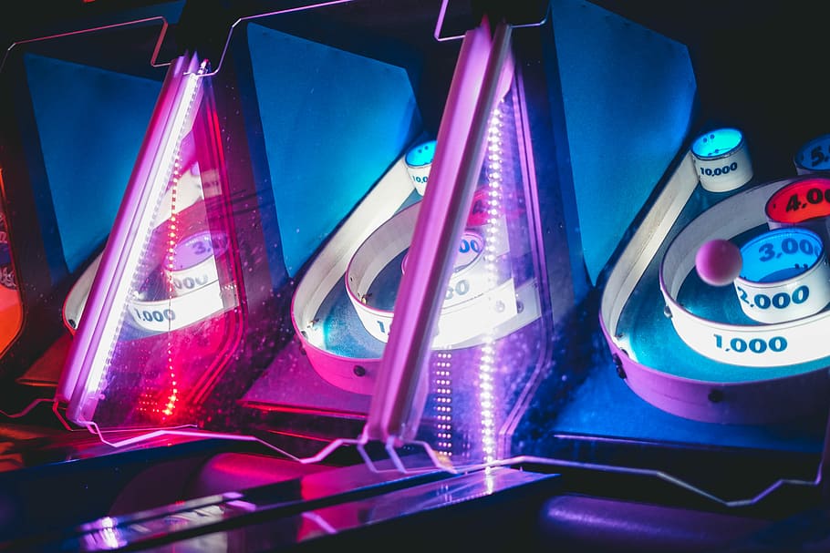 purple lighted decor, photo of arcade game turn on, carnival HD wallpaper