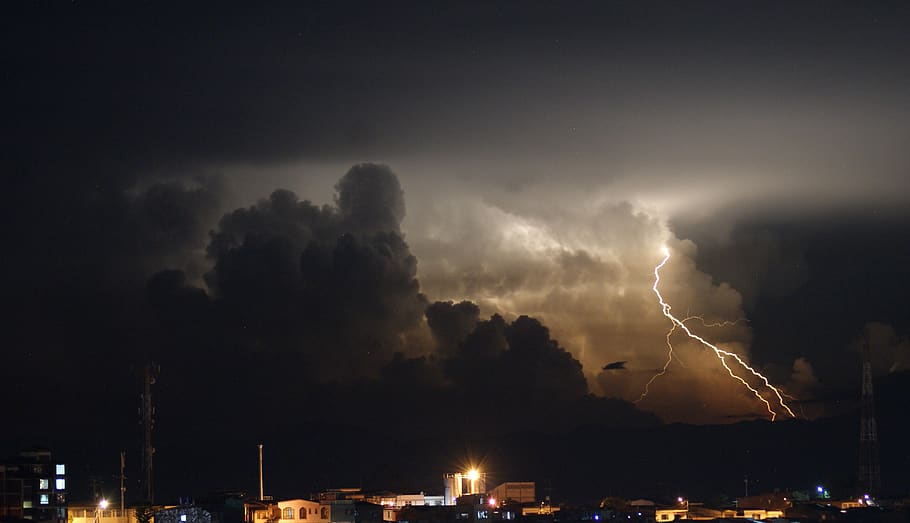landscape, night, rays, thunder, armenia, lightning, building exterior HD wallpaper
