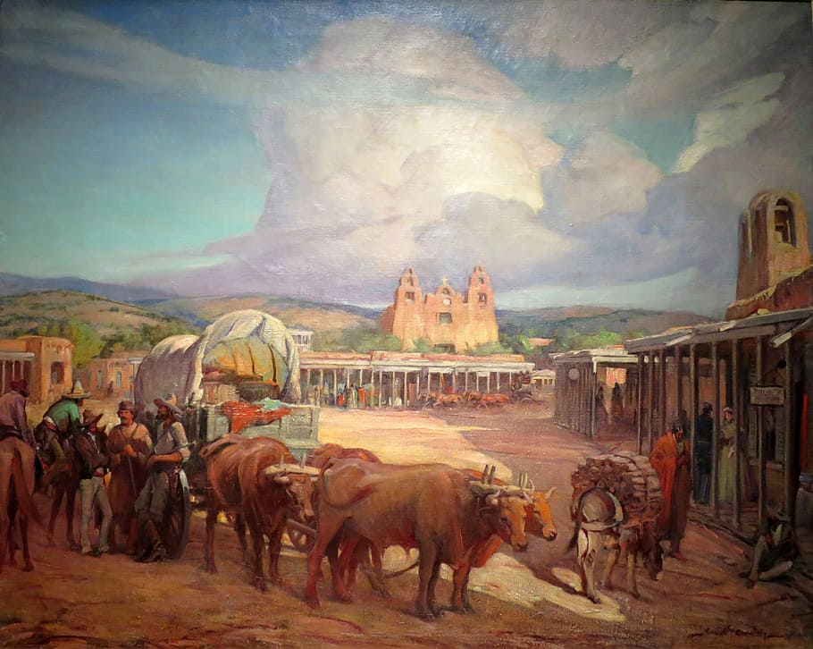 Santa Fe Plaza in 1850 in New Mexico, photos, painting, public domain, HD wallpaper