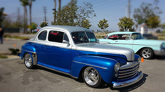 classic silver and blue coupe, Retro, Car, Transportation, Auto HD wallpaper