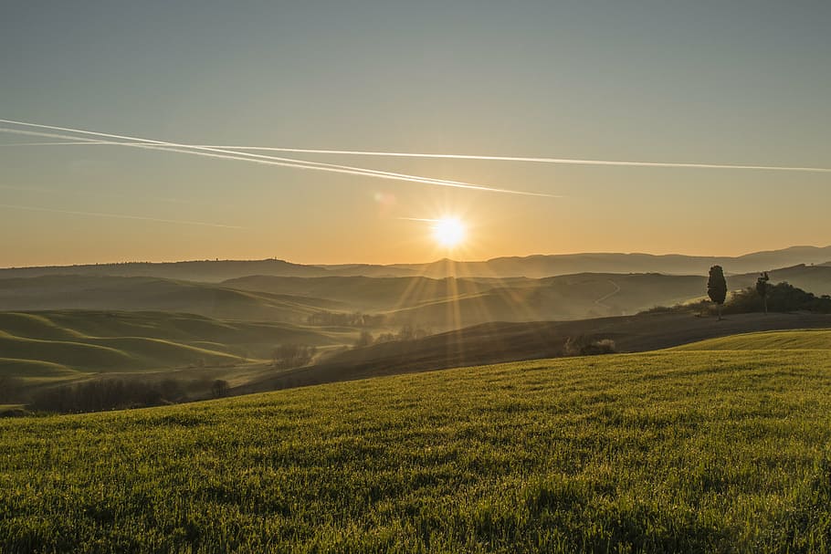 photo of grassland, tuscany, landscape, sunset, environment HD wallpaper