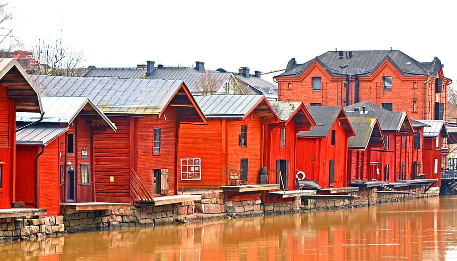 porvoo, finland, wooden houses, river, on the water, scandinavia