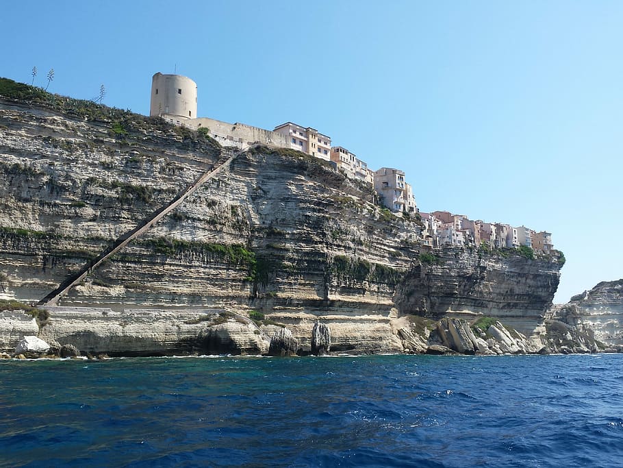 Bonifacio, Corsica, France, Crag, Sea, summer, houses, architecture, HD wallpaper