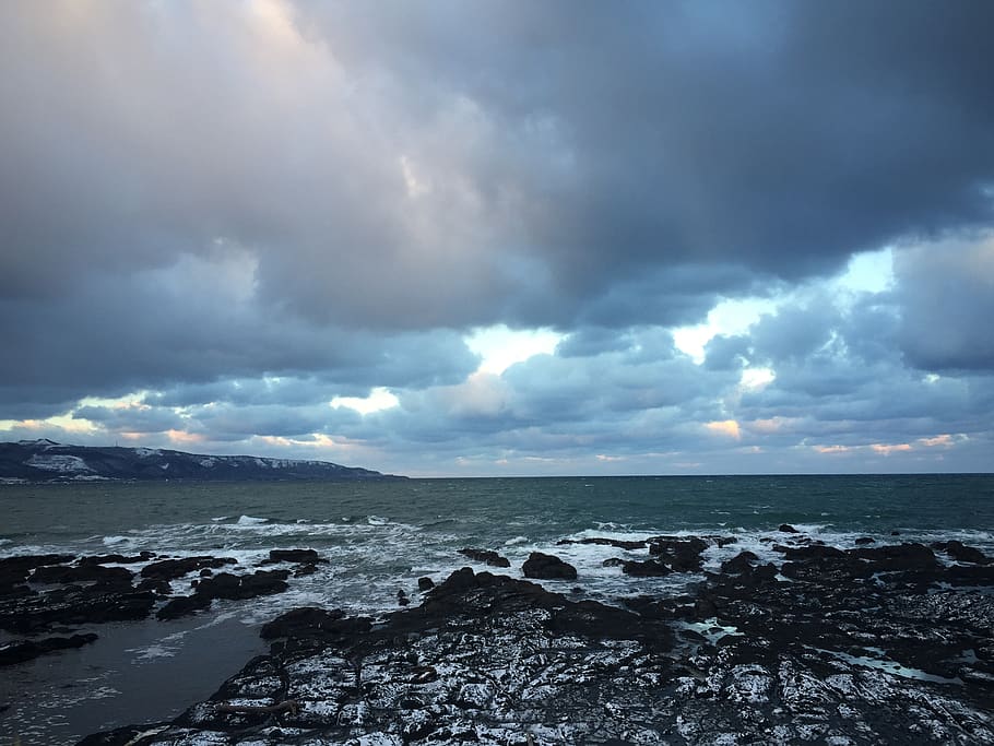 japan sea, winter road, hokkaido, it was cloudy, weather, storm, HD wallpaper