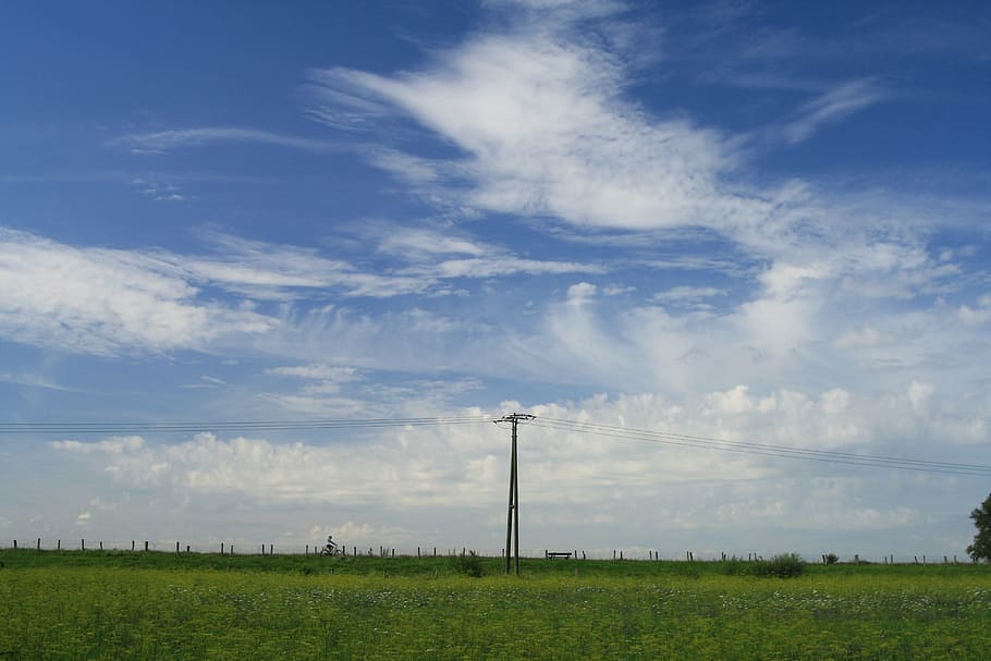 strommast, sky, meadow, landscape, nature, clouds, field, grass HD wallpaper