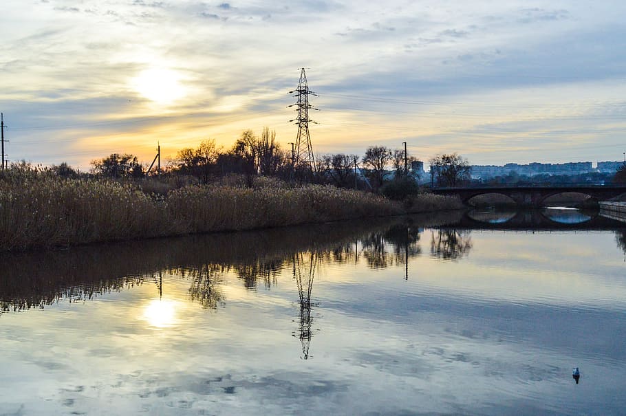 river, sunset, mariupol, sky, water, cloud - sky, reflection HD wallpaper