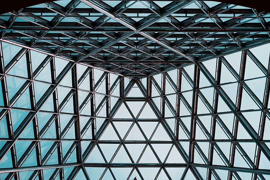 low angle photo of gray clear glass building, glass building interior HD wallpaper