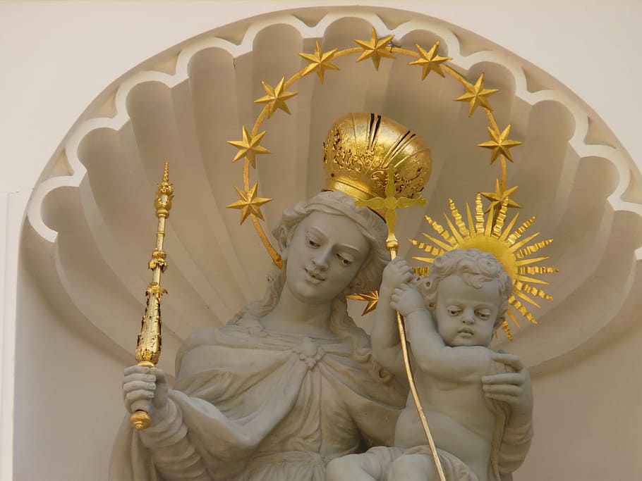 religious sculptures on wall, angel, holy, gold, crown, halo, HD wallpaper