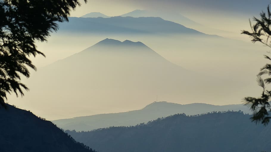indonesia, volcano, rash, java, landscape, mountain, tree, mountain range HD wallpaper